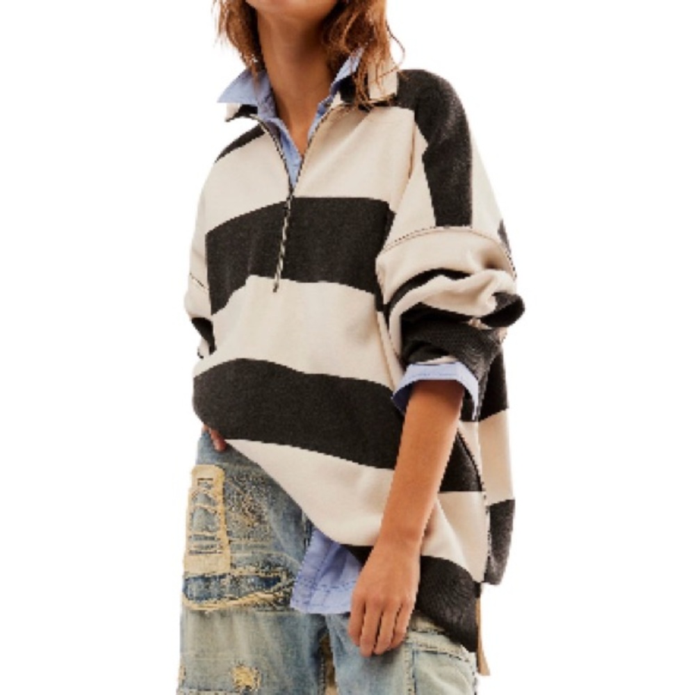 Free People Coastal Stripe Half-Zip Sweater - Carbon Champagne